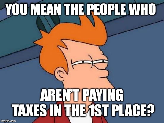 Futurama Fry Meme | YOU MEAN THE PEOPLE WHO AREN’T PAYING TAXES IN THE 1ST PLACE? | image tagged in memes,futurama fry | made w/ Imgflip meme maker
