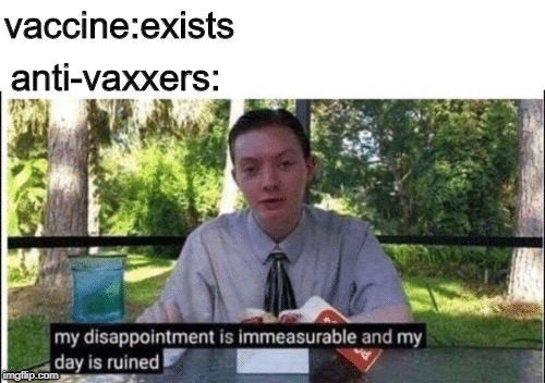 My dissapointment is immeasurable and my day is ruined | vaccine:exists; anti-vaxxers: | image tagged in my dissapointment is immeasurable and my day is ruined | made w/ Imgflip meme maker