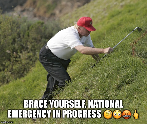 Trump’s National Emergency | BRACE YOURSELF, NATIONAL EMERGENCY IN PROGRESS 🧐😳🤬🖕 | image tagged in national emergency,donald trump,golfing,liar in chief,trump administration,the wall | made w/ Imgflip meme maker