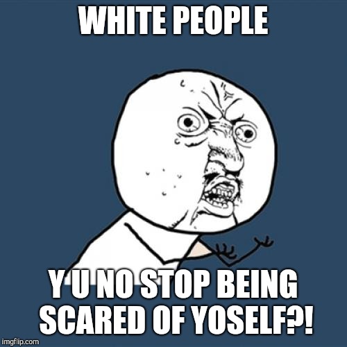 Y U No Meme | WHITE PEOPLE Y U NO STOP BEING SCARED OF YOSELF?! | image tagged in memes,y u no | made w/ Imgflip meme maker