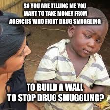 African Boy | SO YOU ARE TELLING ME YOU WANT TO TAKE MONEY FROM AGENCIES WHO FIGHT DRUG SMUGGLING; TO BUILD A WALL TO STOP DRUG SMUGGLING? | image tagged in african boy | made w/ Imgflip meme maker