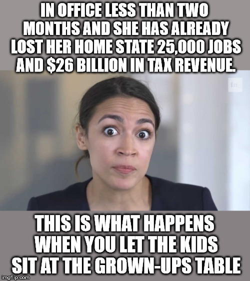 I keep saying she can't be this stupid, and she keeps proving me wrong. | IN OFFICE LESS THAN TWO MONTHS AND SHE HAS ALREADY LOST HER HOME STATE 25,000 JOBS AND $26 BILLION IN TAX REVENUE. THIS IS WHAT HAPPENS WHEN YOU LET THE KIDS SIT AT THE GROWN-UPS TABLE | image tagged in crazy alexandria ocasio-cortez | made w/ Imgflip meme maker