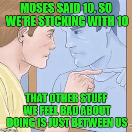 Pointing mirror guy | MOSES SAID 10, SO WE'RE STICKING WITH 10 THAT OTHER STUFF WE FEEL BAD ABOUT DOING IS JUST BETWEEN US | image tagged in pointing mirror guy | made w/ Imgflip meme maker