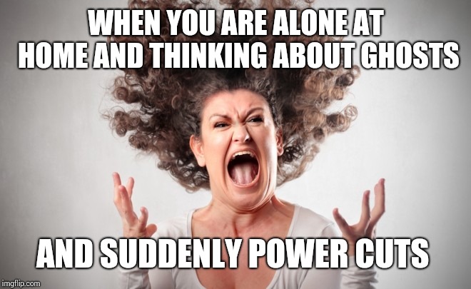Freak out | WHEN YOU ARE ALONE AT HOME AND THINKING ABOUT GHOSTS; AND SUDDENLY POWER CUTS | image tagged in freak out | made w/ Imgflip meme maker