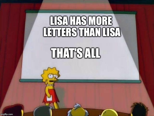 Lisa Simpson's Presentation | LISA HAS MORE LETTERS THAN LISA; THAT'S ALL | image tagged in lisa simpson's presentation | made w/ Imgflip meme maker