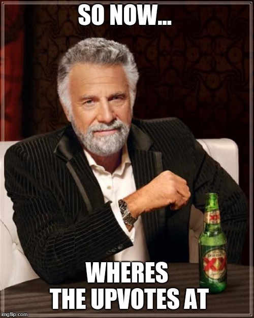 The Most Interesting Man In The World Meme | SO NOW... WHERES THE UPVOTES AT | image tagged in memes,the most interesting man in the world | made w/ Imgflip meme maker
