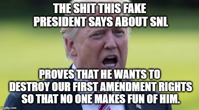 Waaah!! | THE SHIT THIS FAKE PRESIDENT SAYS ABOUT SNL; PROVES THAT HE WANTS TO DESTROY OUR FIRST AMENDMENT RIGHTS SO THAT NO ONE MAKES FUN OF HIM. | image tagged in donald trump,fake president,first amendment,constitution,traitor,treason | made w/ Imgflip meme maker