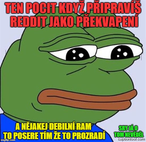 FeelsBadMan | TEN POCIT KDYŽ PŘIPRAVÍŠ REDDIT JAKO PŘEKVAPENÍ; A NĚJAKEJ DEBILNÍ RAM TO POSERE TÍM ŽE TO PROZRADÍ; SRY JÁ O TOM NEVĚDĚL | image tagged in feelsbadman | made w/ Imgflip meme maker