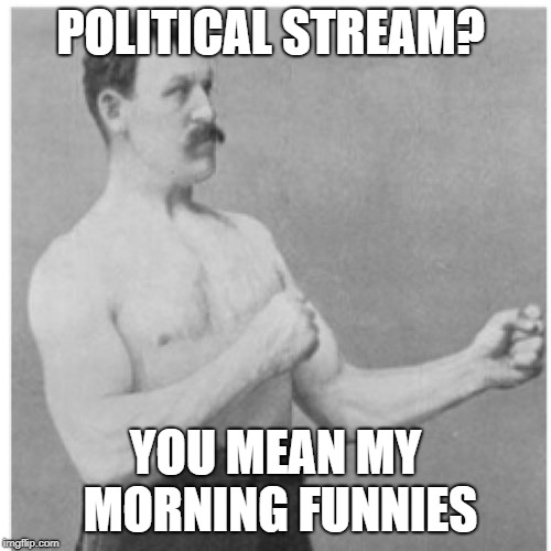 I honestly don't love our president or hate him *shrug* |  POLITICAL STREAM? YOU MEAN MY MORNING FUNNIES | image tagged in memes,overly manly man,politics,funny,newspaper,stream | made w/ Imgflip meme maker