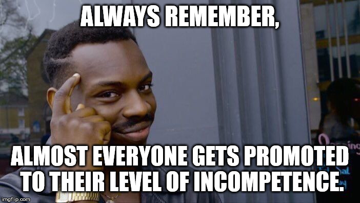 Roll Safe Think About It Meme | ALWAYS REMEMBER, ALMOST EVERYONE GETS PROMOTED TO THEIR LEVEL OF INCOMPETENCE. | image tagged in memes,roll safe think about it | made w/ Imgflip meme maker