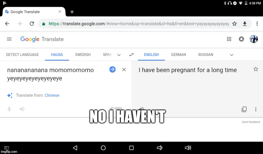 I have not been pregnant at all | NO I HAVEN'T | image tagged in google translate,pregnancy | made w/ Imgflip meme maker