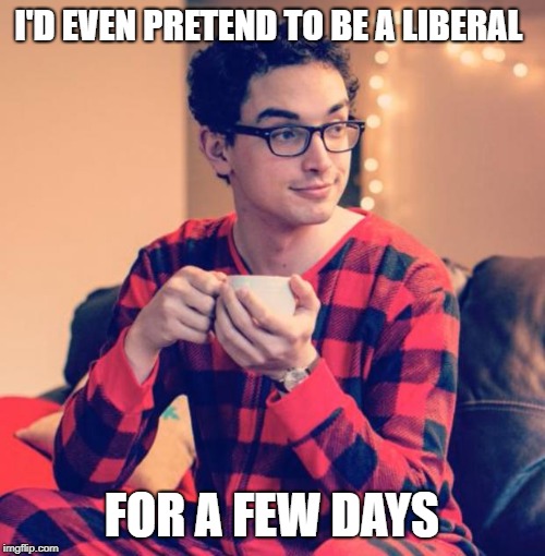 Pajama Boy | I'D EVEN PRETEND TO BE A LIBERAL FOR A FEW DAYS | image tagged in pajama boy | made w/ Imgflip meme maker