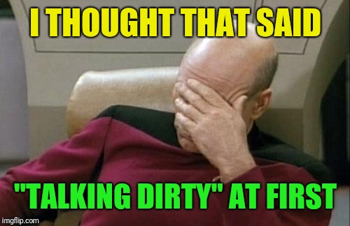 Captain Picard Facepalm Meme | I THOUGHT THAT SAID "TALKING DIRTY" AT FIRST | image tagged in memes,captain picard facepalm | made w/ Imgflip meme maker