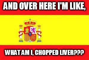 spain flag | AND OVER HERE I'M LIKE, WHAT AM I, CHOPPED LIVER??? | image tagged in spain flag | made w/ Imgflip meme maker
