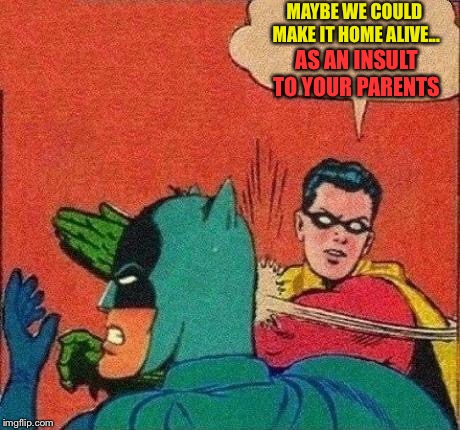 Robin Slaps Batman | MAYBE WE COULD MAKE IT HOME ALIVE... AS AN INSULT TO YOUR PARENTS | image tagged in robin slaps batman | made w/ Imgflip meme maker
