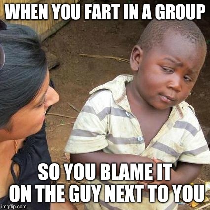 Third World Skeptical Kid Meme | WHEN YOU FART IN A GROUP; SO YOU BLAME IT ON THE GUY NEXT TO YOU | image tagged in memes,third world skeptical kid | made w/ Imgflip meme maker