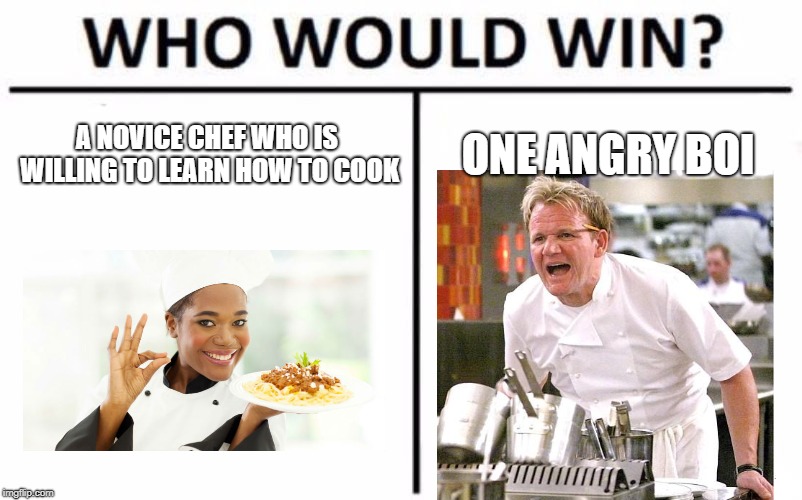 Who Would Win? Meme | A NOVICE CHEF WHO IS WILLING TO LEARN HOW TO COOK; ONE ANGRY BOI | image tagged in memes,who would win | made w/ Imgflip meme maker