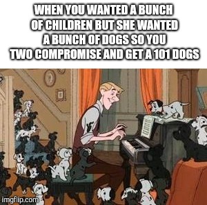 WHEN YOU WANTED A BUNCH OF CHILDREN BUT SHE WANTED A BUNCH OF DOGS SO YOU TWO COMPROMISE AND GET A 101 DOGS | image tagged in memes,wife,pets | made w/ Imgflip meme maker