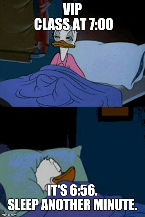 sleepy donald duck in bed | VIP CLASS AT 7:00; IT'S 6:56. SLEEP ANOTHER MINUTE. | image tagged in sleepy donald duck in bed | made w/ Imgflip meme maker
