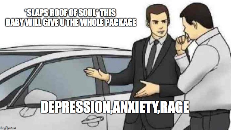 Car Salesman Slaps Roof Of Car Meme | *SLAPS ROOF OF SOUL* THIS BABY WILL GIVE U THE WHOLE PACKAGE; DEPRESSION,ANXIETY,RAGE | image tagged in memes,car salesman slaps roof of car | made w/ Imgflip meme maker