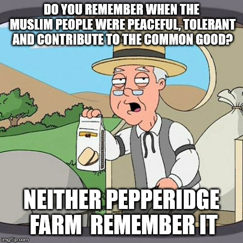 Pepperidge Farm Remembers | DO YOU REMEMBER WHEN THE MUSLIM PEOPLE WERE PEACEFUL, TOLERANT AND CONTRIBUTE TO THE COMMON GOOD? NEITHER PEPPERIDGE FARM  REMEMBER IT | image tagged in memes,pepperidge farm remembers | made w/ Imgflip meme maker