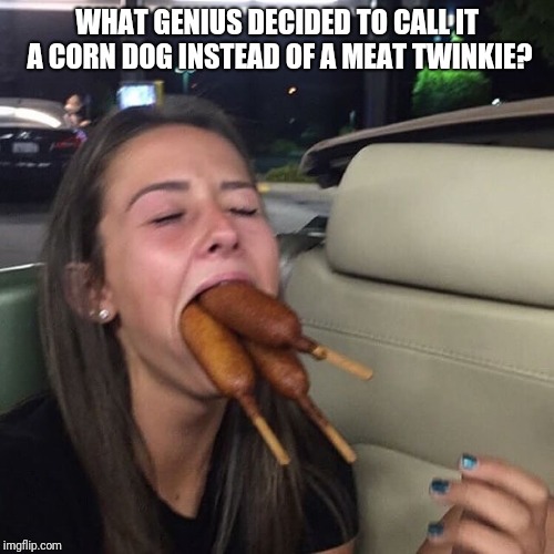 Corn dog girl | WHAT GENIUS DECIDED TO CALL IT A CORN DOG INSTEAD OF A MEAT TWINKIE? | image tagged in corn dog girl | made w/ Imgflip meme maker