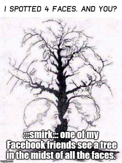 tree faces | :::smirk::: one of my Facebook friends see a tree in the midst of all the faces. | image tagged in optical illusion | made w/ Imgflip meme maker