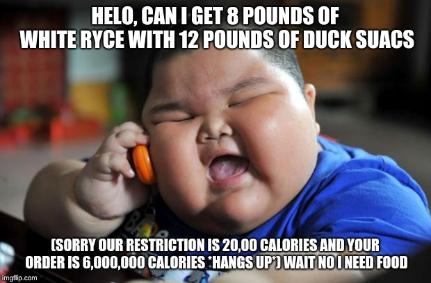 Fat Asian Kid | HELO, CAN I GET 8 POUNDS OF WHITE RYCE WITH 12 POUNDS OF DUCK SUACS; (SORRY OUR RESTRICTION IS 20,00 CALORIES AND YOUR ORDER IS 6,000,000 CALORIES *HANGS UP*) WAIT NO I NEED FOOD | image tagged in fat asian kid | made w/ Imgflip meme maker