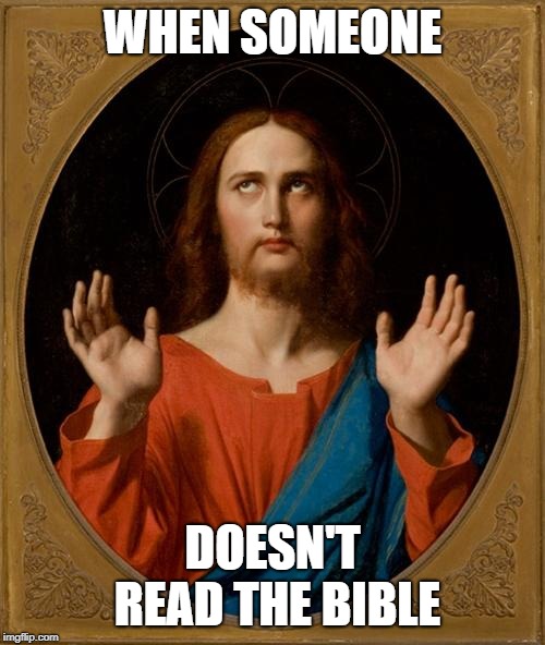Annoyed Jesus |  WHEN SOMEONE; DOESN'T READ THE BIBLE | image tagged in annoyed jesus | made w/ Imgflip meme maker