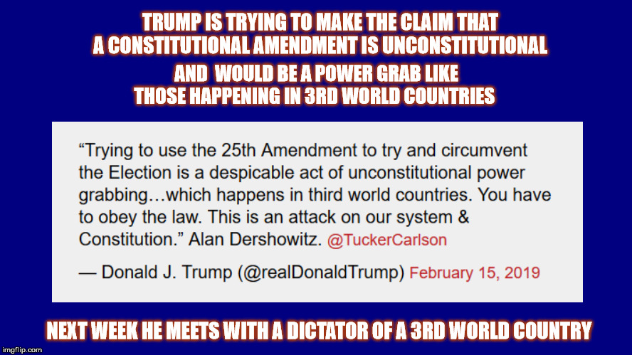 25th Amendment  | TRUMP IS TRYING TO MAKE THE CLAIM THAT A CONSTITUTIONAL AMENDMENT IS UNCONSTITUTIONAL; AND  WOULD BE A POWER GRAB LIKE THOSE HAPPENING IN 3RD WORLD COUNTRIES; NEXT WEEK HE MEETS WITH A DICTATOR OF A 3RD WORLD COUNTRY | image tagged in 25thamendment,trump,mega,alandershowitz | made w/ Imgflip meme maker