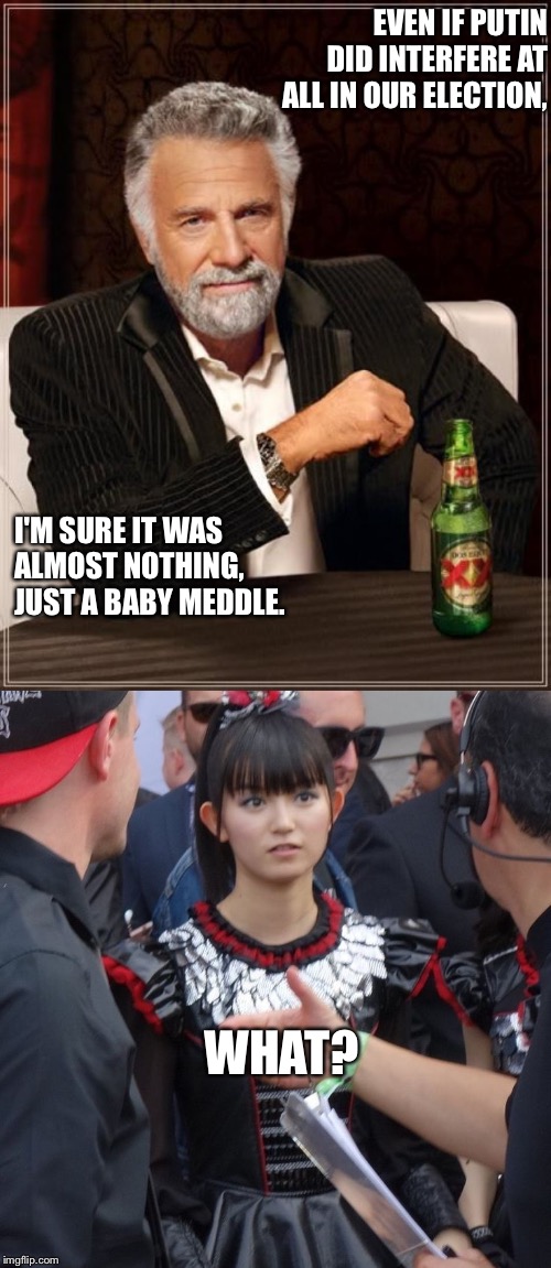 What? | EVEN IF PUTIN DID INTERFERE AT ALL IN OUR ELECTION, I'M SURE IT WAS ALMOST NOTHING, JUST A BABY MEDDLE. WHAT? | image tagged in memes,the most interesting man in the world,babymetal | made w/ Imgflip meme maker