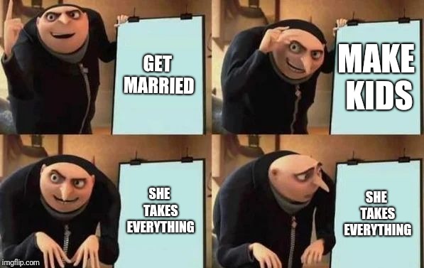 Gru's Plan Meme | GET MARRIED; MAKE KIDS; SHE TAKES EVERYTHING; SHE TAKES EVERYTHING | image tagged in gru's plan | made w/ Imgflip meme maker