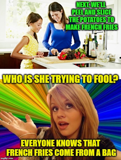 Based on a real conversation... unfortunately | NEXT, WE'LL PEEL AND SLICE THE POTATOES TO MAKE FRENCH FRIES; WHO IS SHE TRYING TO FOOL? EVERYONE KNOWS THAT FRENCH FRIES COME FROM A BAG | image tagged in memes,dumb blonde,funny,clueless,cooking,french fries | made w/ Imgflip meme maker