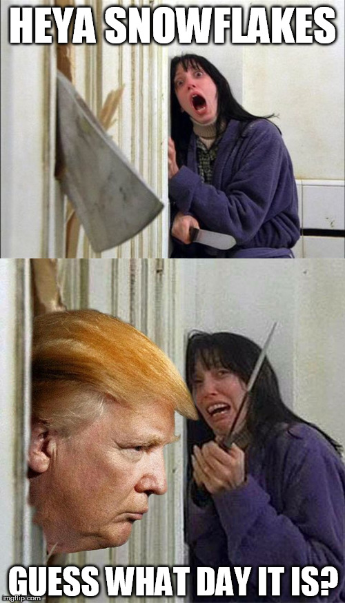 Presidents' Day 2019 | HEYA SNOWFLAKES; GUESS WHAT DAY IT IS? | image tagged in donald trump here's donny,the shining - wendy ax,presidents day,trump | made w/ Imgflip meme maker
