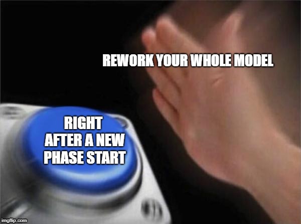 Blank Nut Button | REWORK YOUR WHOLE MODEL; RIGHT AFTER A NEW PHASE START | image tagged in memes,blank nut button | made w/ Imgflip meme maker