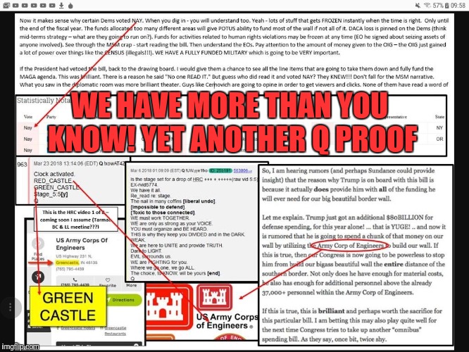 Yet anothe QProof....yes we knew 10 months ago! | WE HAVE MORE THAN YOU KNOW! YET ANOTHER Q PROOF | image tagged in red castle/green castle,us army corp of engineers,build that wall,the wall is more than you know,stop human trafficking,expose t | made w/ Imgflip meme maker
