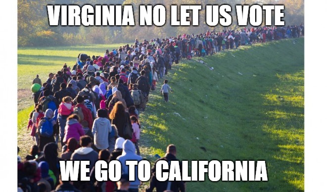 illegal hordes | VIRGINIA NO LET US VOTE; WE GO TO CALIFORNIA | image tagged in illegal hordes | made w/ Imgflip meme maker
