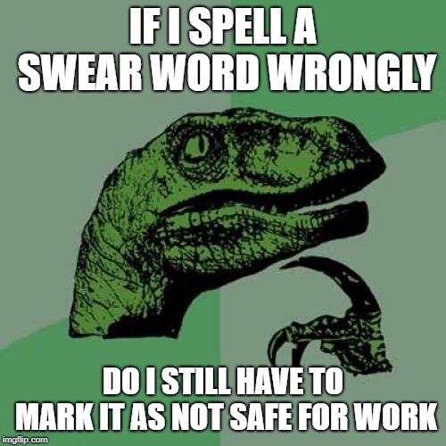 Philosoraptor | IF I SPELL A SWEAR WORD WRONGLY; DO I STILL HAVE TO MARK IT AS NOT SAFE FOR WORK | image tagged in memes,philosoraptor | made w/ Imgflip meme maker