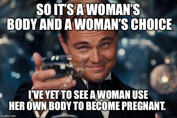 Wake me up when it happens | SO IT’S A WOMAN’S BODY AND A WOMAN’S CHOICE; I’VE YET TO SEE A WOMAN USE HER OWN BODY TO BECOME PREGNANT. | image tagged in memes,leonardo dicaprio cheers,abortion,womens rights,hypocrisy | made w/ Imgflip meme maker