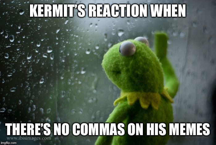 kermit window | KERMIT’S REACTION WHEN THERE’S NO COMMAS ON HIS MEMES | image tagged in kermit window | made w/ Imgflip meme maker