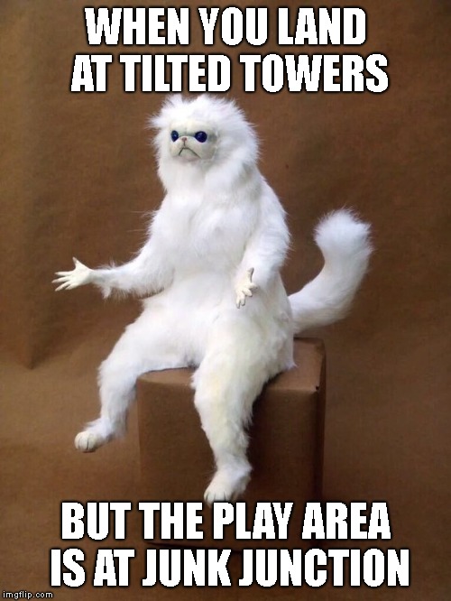 but why cat | WHEN YOU LAND AT TILTED TOWERS; BUT THE PLAY AREA IS AT JUNK JUNCTION | image tagged in but why cat | made w/ Imgflip meme maker