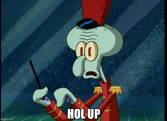 Squidward's Face During Sweet Victory | HOL UP | image tagged in squidward's face during sweet victory | made w/ Imgflip meme maker