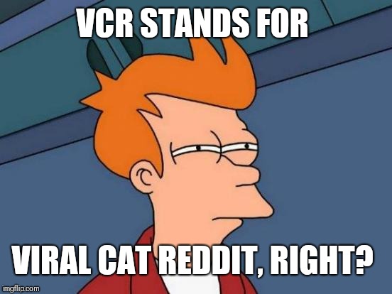 Futurama Fry Meme | VCR STANDS FOR; VIRAL CAT REDDIT, RIGHT? | image tagged in memes,futurama fry | made w/ Imgflip meme maker