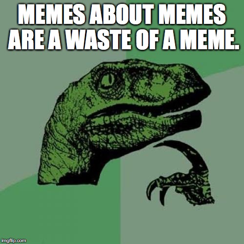 Philosoraptor Meme | MEMES ABOUT MEMES ARE A WASTE OF A MEME. | image tagged in memes,philosoraptor | made w/ Imgflip meme maker
