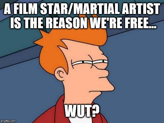 Futurama Fry Meme | A FILM STAR/MARTIAL ARTIST IS THE REASON WE'RE FREE... WUT? | image tagged in memes,futurama fry | made w/ Imgflip meme maker
