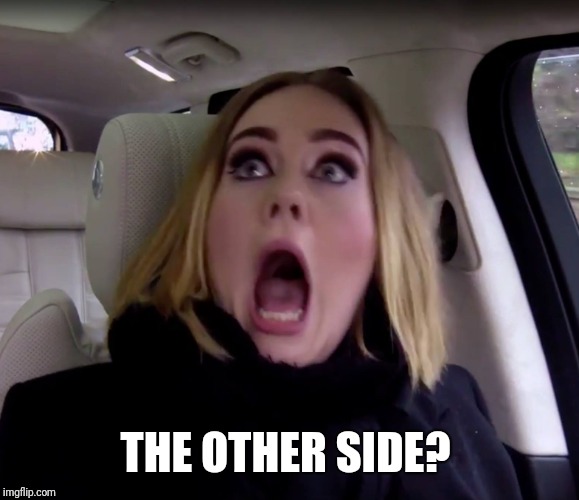 Adele shocked | THE OTHER SIDE? | image tagged in adele shocked | made w/ Imgflip meme maker