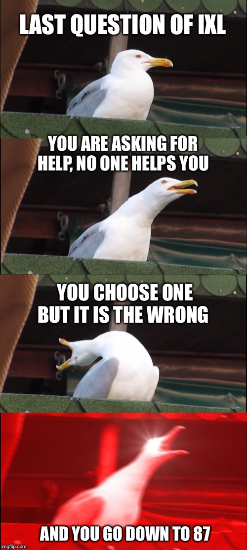 Inhaling Seagull Meme | LAST QUESTION OF IXL; YOU ARE ASKING FOR HELP, NO ONE HELPS YOU; YOU CHOOSE ONE BUT IT IS THE WRONG; AND YOU GO DOWN TO 87 | image tagged in memes,inhaling seagull | made w/ Imgflip meme maker