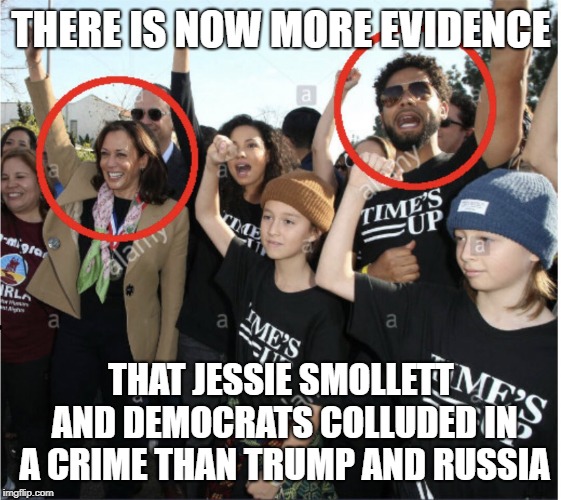Jessie Shmollett & Kamala Harris | THERE IS NOW MORE EVIDENCE; THAT JESSIE SMOLLETT AND DEMOCRATS COLLUDED IN A CRIME THAN TRUMP AND RUSSIA | image tagged in jessie shmollett  kamala harris | made w/ Imgflip meme maker