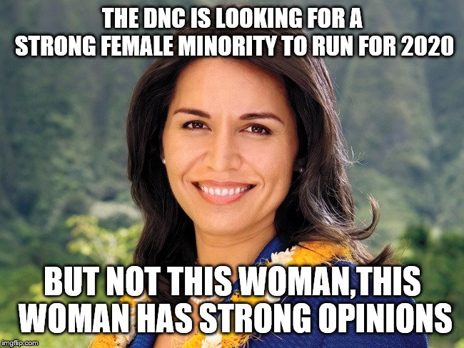 Tulsi Gabbard | THE DNC IS LOOKING FOR A STRONG FEMALE MINORITY TO RUN FOR 2020; BUT NOT THIS WOMAN,THIS WOMAN HAS STRONG OPINIONS | image tagged in tulsi gabbard | made w/ Imgflip meme maker