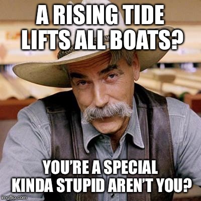 SARCASM COWBOY | A RISING TIDE LIFTS ALL BOATS? YOU’RE A SPECIAL KINDA STUPID AREN’T YOU? | image tagged in sarcasm cowboy | made w/ Imgflip meme maker